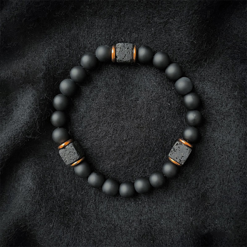 Black Onyx and Lava Stone Cube Balance Bracelet - Aurelia-Onyx-Gold-Nora Luxe