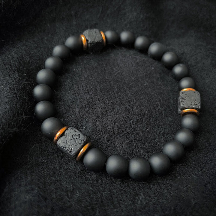Black Onyx and Lava Stone Cube Balance Bracelet - Aurelia-Onyx-Gold-Nora Luxe