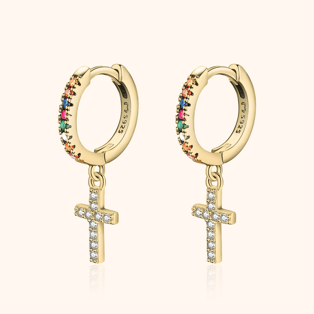 Coloured Zirconia Cross Earrings - Aurora-Gold-Nora Luxe