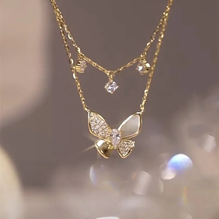 Double-layered Zirconia and Mother-of-pearl Butterfly Necklace - Elayna-Nora Luxe