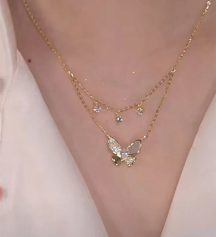 Double-layered Zirconia and Mother-of-pearl Butterfly Necklace - Elayna-Nora Luxe