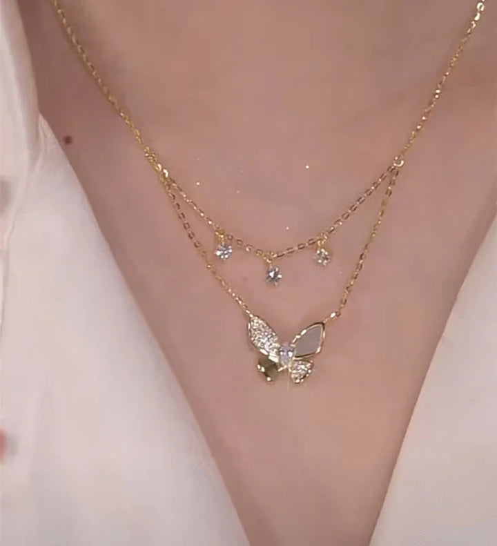 Double-layered Zirconia and Mother-of-pearl Butterfly Necklace - Elayna-Nora Luxe