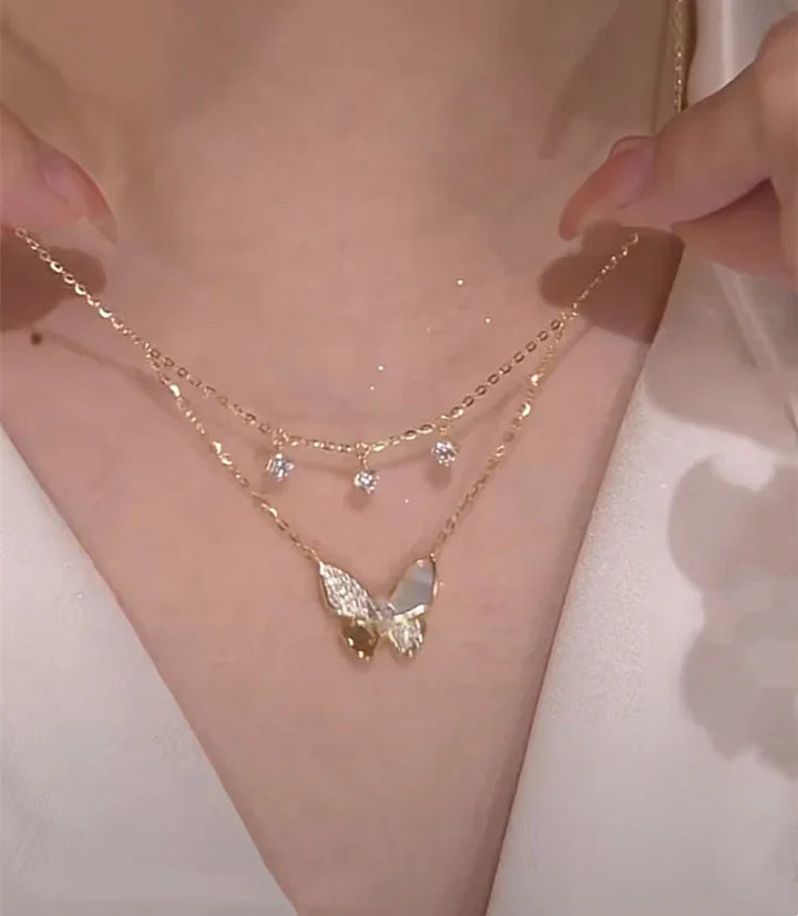 Double-layered Zirconia and Mother-of-pearl Butterfly Necklace - Elayna-Nora Luxe