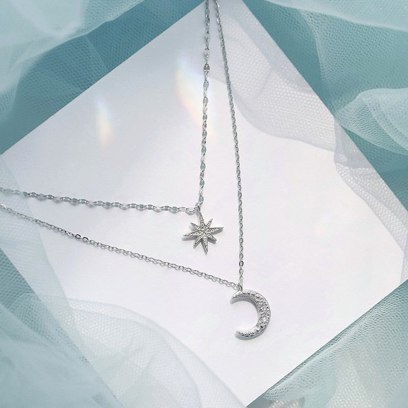 Double Moon Pendant Necklace | Layered Silver Jewellery-Nora Luxe