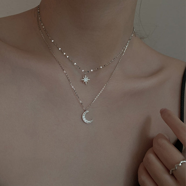 Double Moon Pendant Necklace | Layered Silver Jewellery-Nora Luxe
