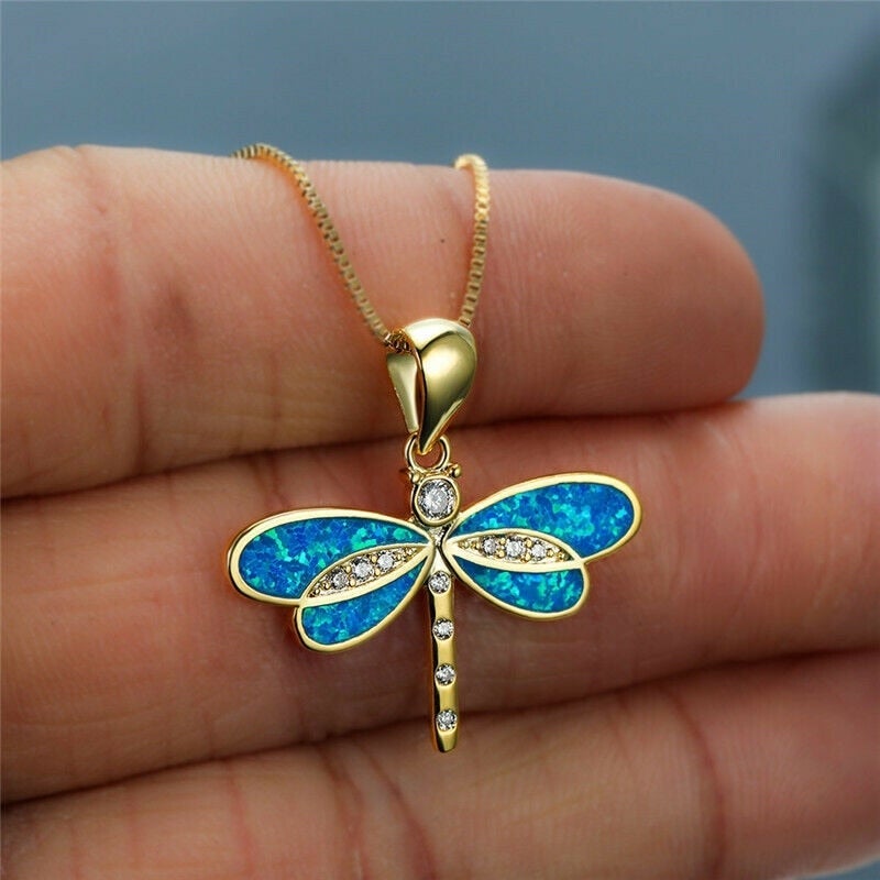 Dragonflies Gold Necklace with Opal - Aurielle-Blue-Nora Luxe