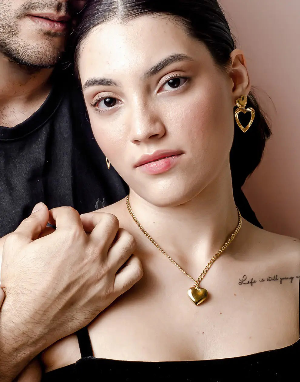 Golden Heart Duo Earrings | Plated Studs-Gold-Nora Luxe