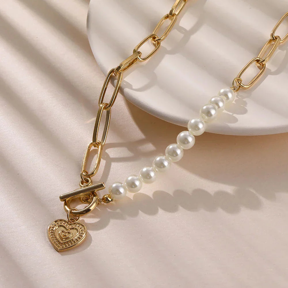 Golden Heart Necklace with Pearl Accents - Veerle-Nora Luxe