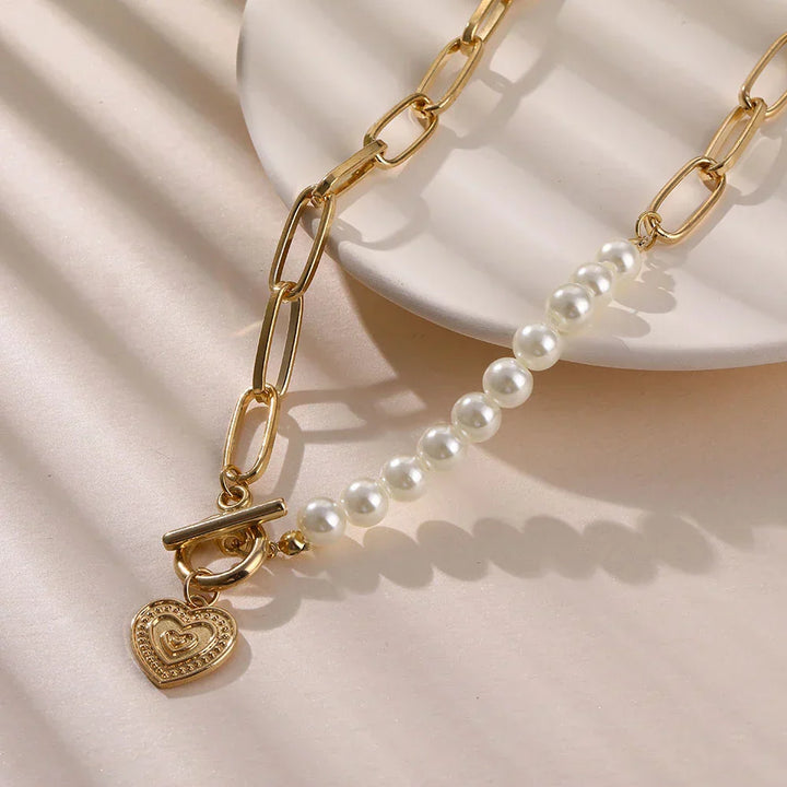 Golden Heart Necklace with Pearl Accents - Veerle-Nora Luxe
