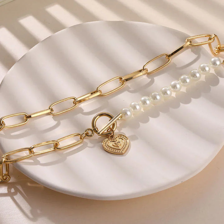 Golden Heart Necklace with Pearl Accents - Veerle-Nora Luxe