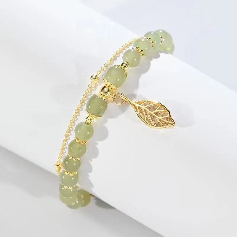 Green Jade Leaf Adjustable Bracelet | Natural Stone-Nora Luxe