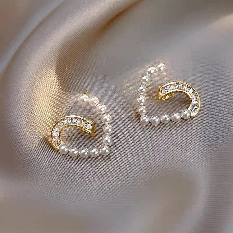 Heart-shaped Earrings with Pearls and Zirconia - Ameline-Nora Luxe