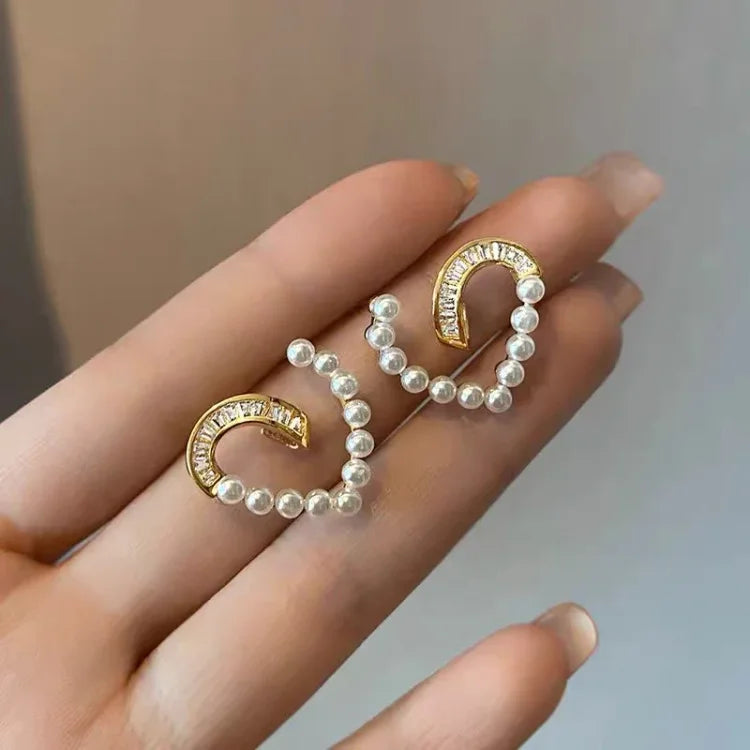 Heart-shaped Earrings with Pearls and Zirconia - Ameline-Nora Luxe