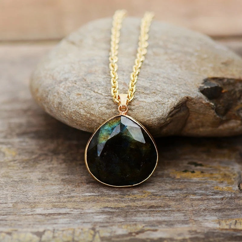 Labradorite Drop Necklace with Gold Plating - Elyria-Nora Luxe