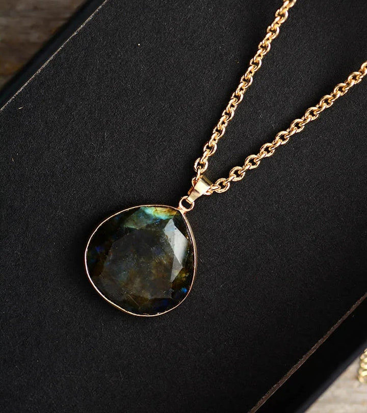 Labradorite Drop Necklace with Gold Plating - Elyria-Nora Luxe