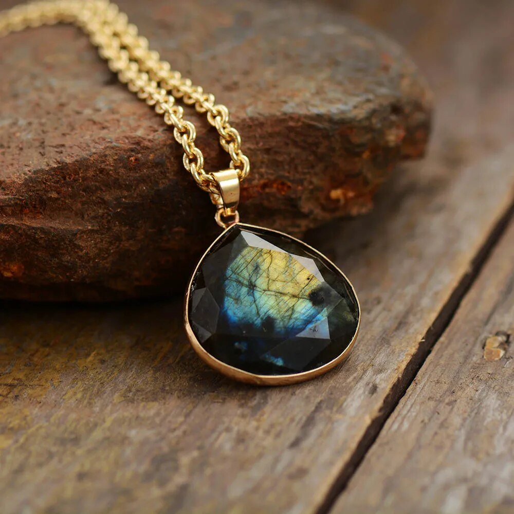 Labradorite Drop Necklace with Gold Plating - Elyria-Nora Luxe