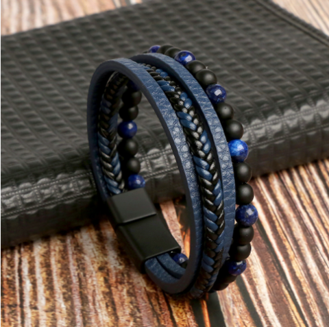 Leather Men's Bracelet Set - Armand-Blue-M (7.48 inches)-Nora Luxe