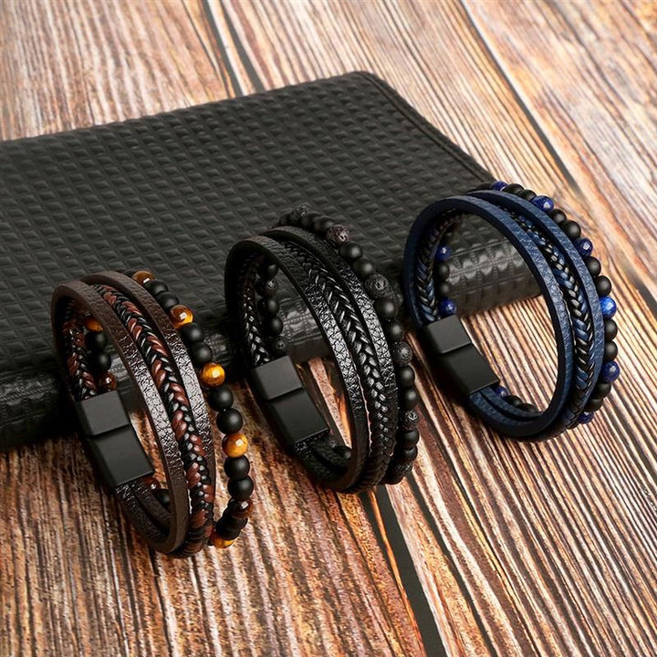 Leather Men's Bracelet Set - Armand-Brown-M (7.48 inches)-Nora Luxe