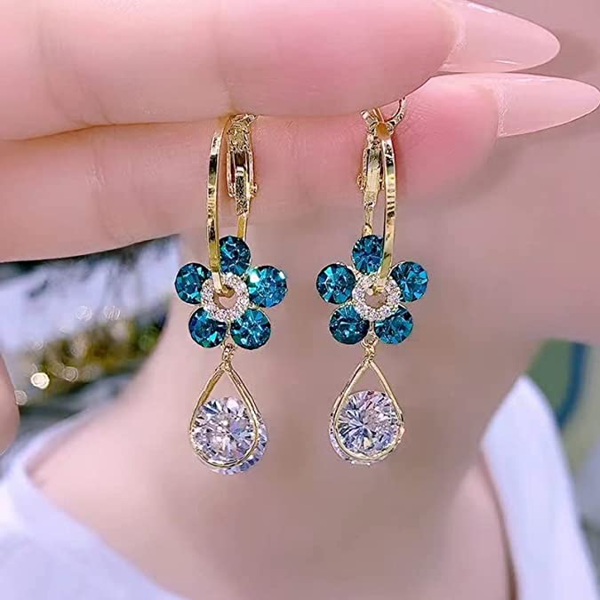 Luxury Hook Earrings with Flower Detail – LunaBloom-Blue-The Livary