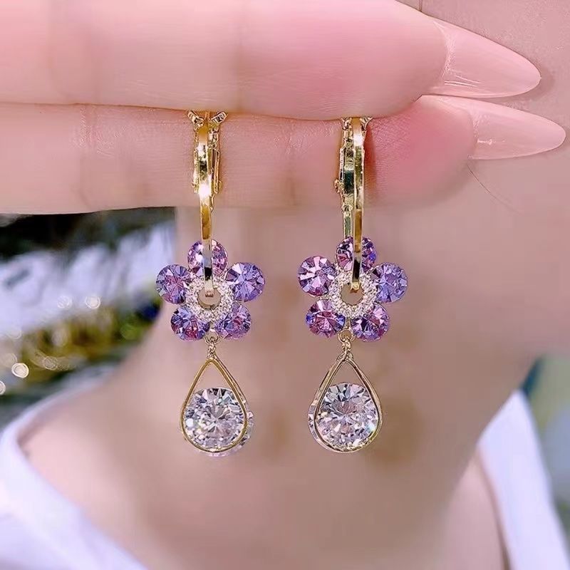 Luxury Hook Earrings with Flower Detail – LunaBloom-Purple-The Livary