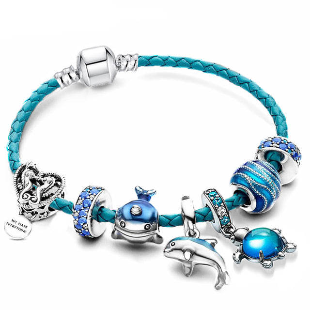 Ocean Breeze Bracelet with Charms in Leather and Silver - Julia-6.30 in-Nora Luxe