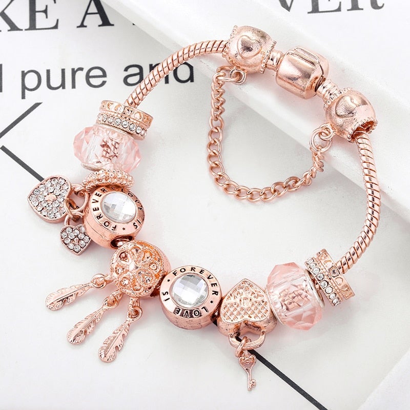 Rose Dreamcatcher Bracelet with Charms in Sterling Silver - Pink-6.30 in-Nora Luxe