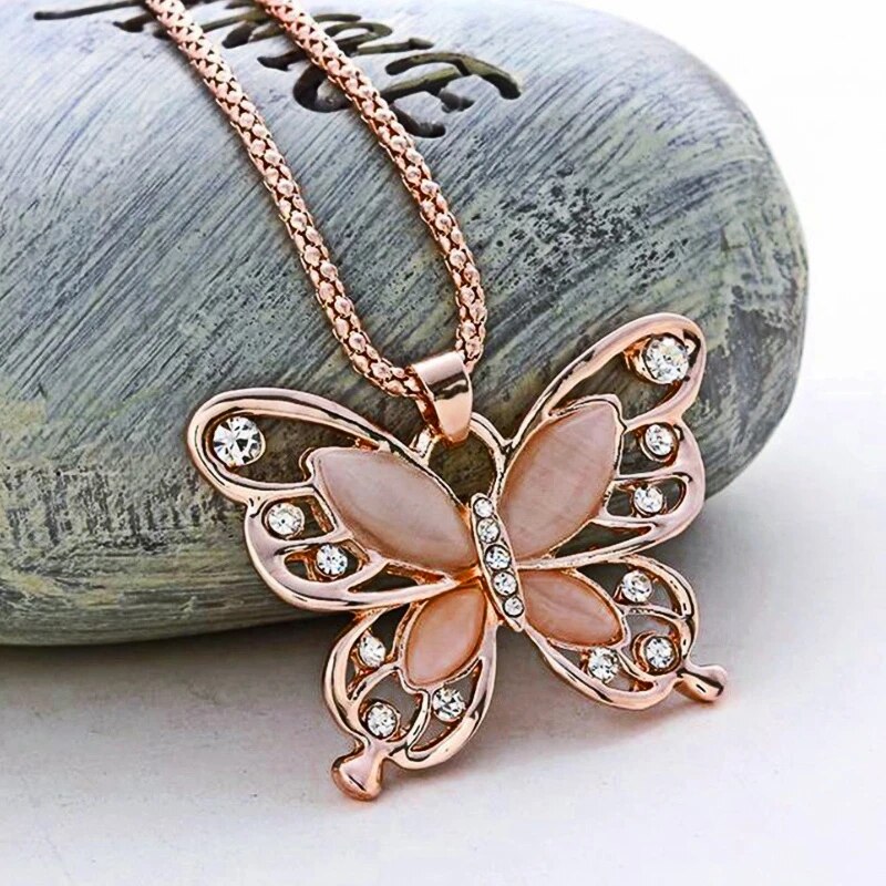 ROSE GOLD OPAL BUTTERFLY NECKLACE-Nora Luxe