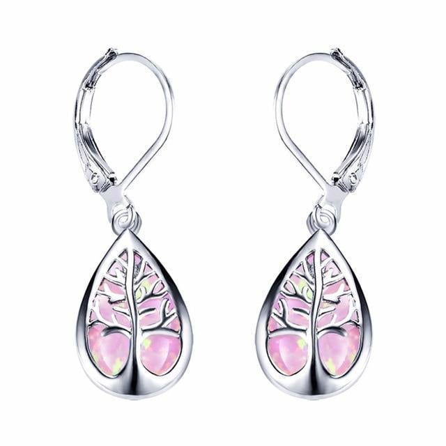 Silver Tree of Life Earrings with Opal - Mireille-Pink-Nora Luxe