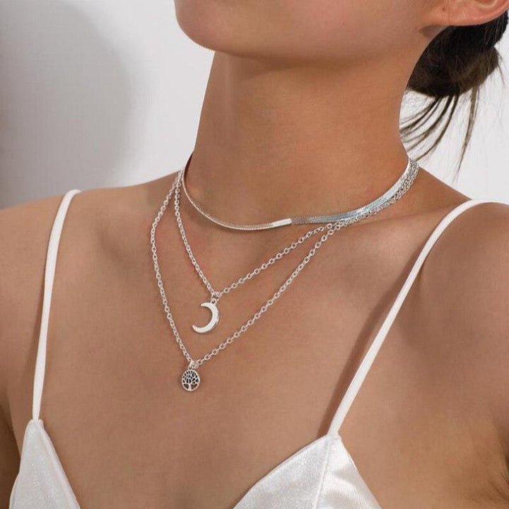 Tree of Life & Half Moon Multilayer Necklace - Selestina-Silver-Nora Luxe