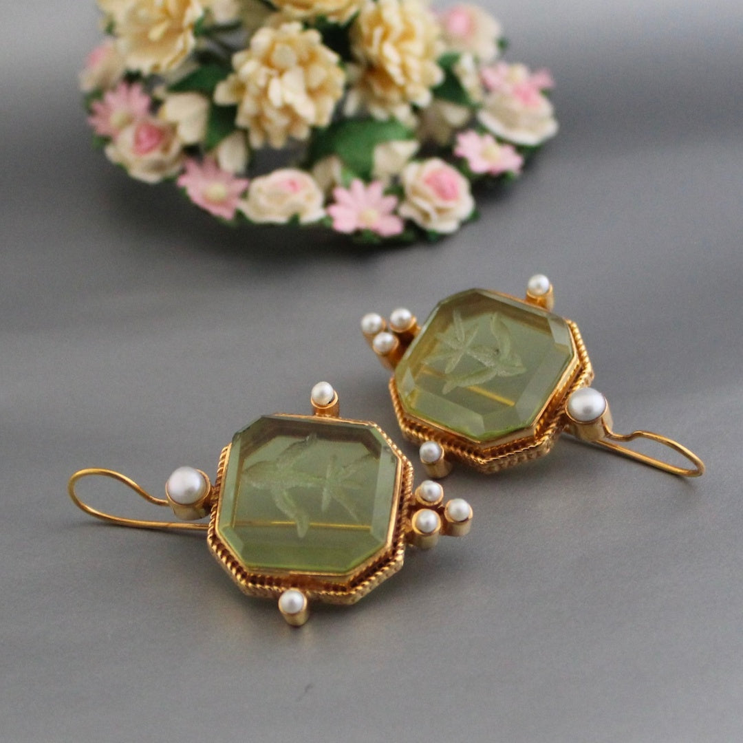 Vintage Green Earrings with Pearls - Valeria-Nora Luxe