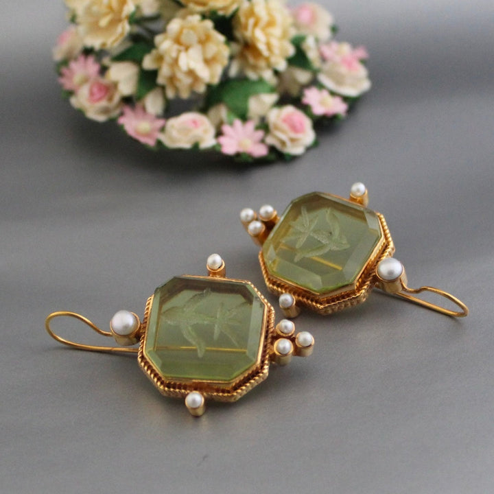 Vintage Green Earrings with Pearls - Valeria-Nora Luxe