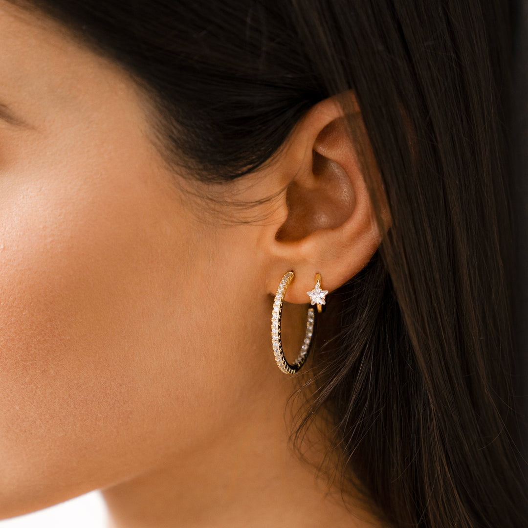 Wide Creole Earrings with Star Zirconia - Lunara-Silver-Nora Luxe