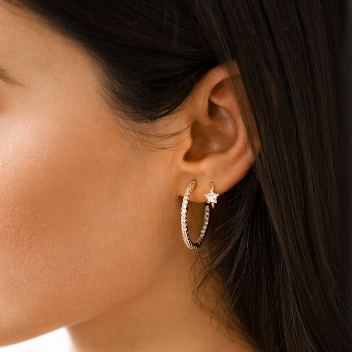 Wide Creole Earrings with Star Zirconia - Lunara-Silver-Nora Luxe