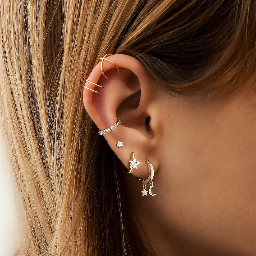 Wide Creole Earrings with Star Zirconia - Lunara-Silver-Nora Luxe