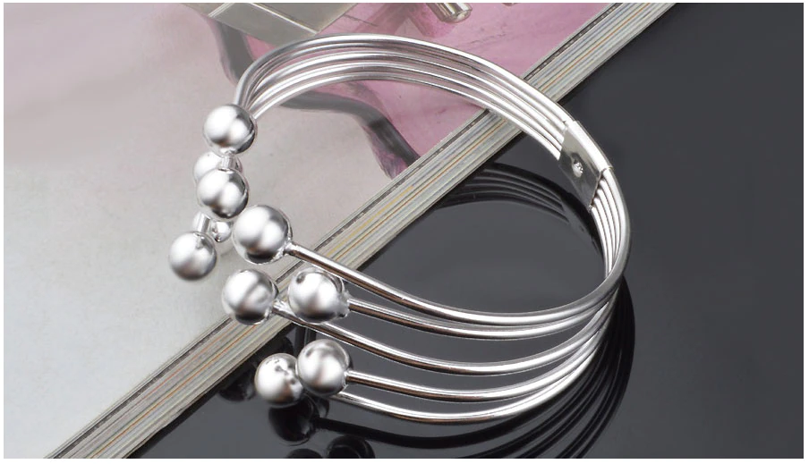 Wide Open Bracelet with Silver Beads-Nora Luxe