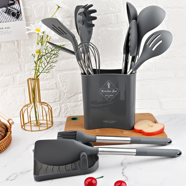 12-Piece Silicone Kitchen Utensil Set - Culinara Pro-Beige-Nora Luxe
