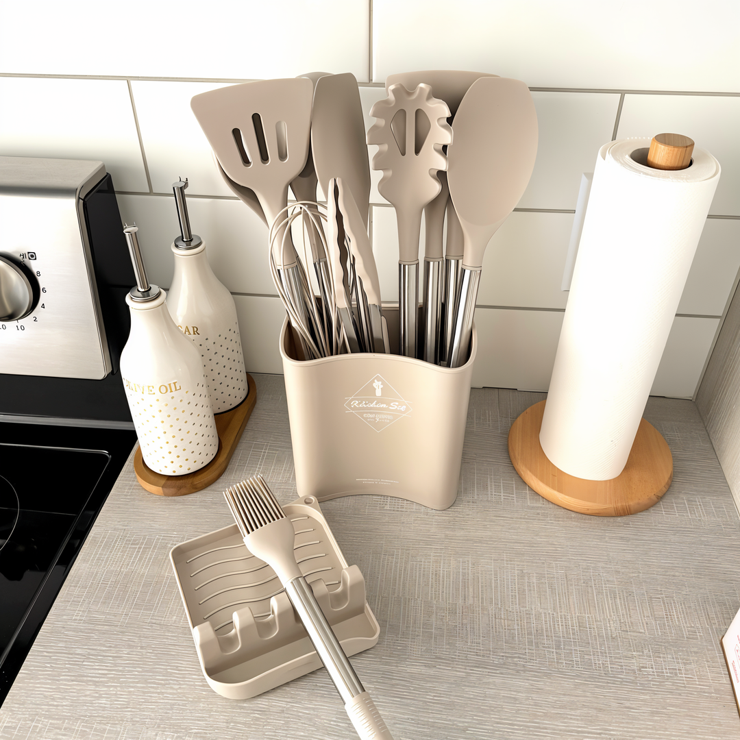 12-Piece Silicone Kitchen Utensil Set - Culinara Pro-Beige-Nora Luxe