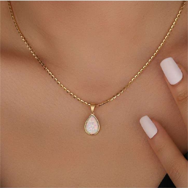 18K Natural Opal Drop Pendant Necklace - Eloise-Nora Luxe