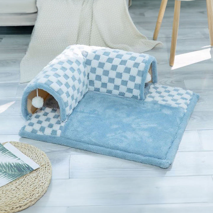 2-in-1 Cat Tunnel Bed - FurryFun-Blue-S-Nora Luxe