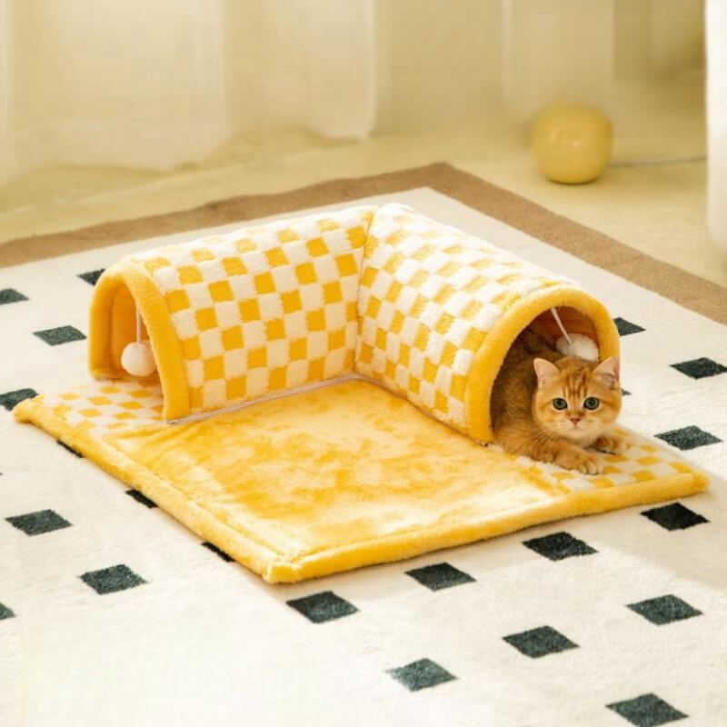 2-in-1 Cat Tunnel Bed - FurryFun-Yellow-S-Nora Luxe