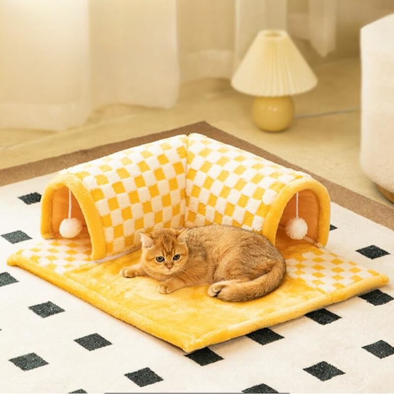 2-in-1 Cat Tunnel Bed - FurryFun-Yellow-S-Nora Luxe