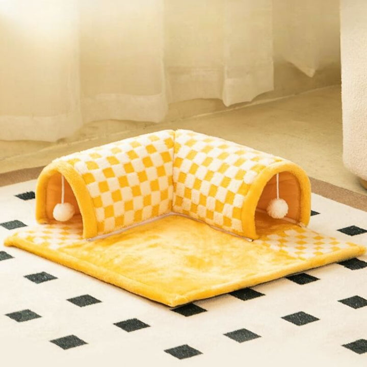 2-in-1 Cat Tunnel Bed - FurryFun-Yellow-S-Nora Luxe