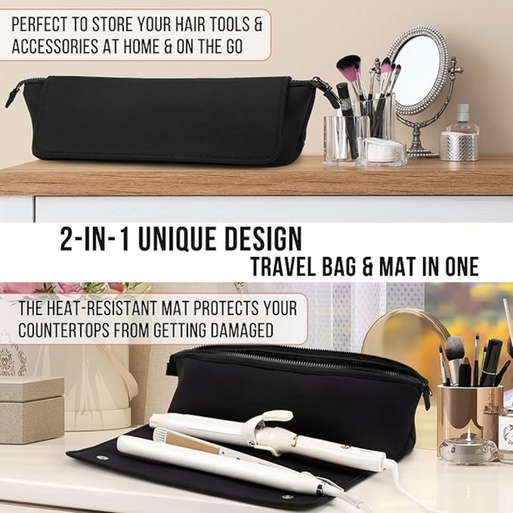 2-in-1 Hair Tools Travel Bag & Heat Resistant Mat-Black-Nora Luxe