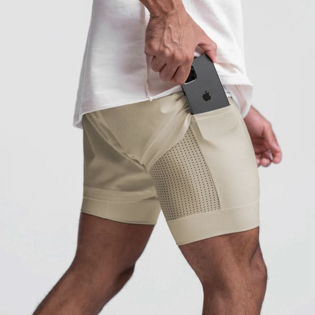 2-in-1 Men's Sports Shorts Breathable with Inner Shorts Training - Noah-Khaki/Khaki-S-Nora Luxe
