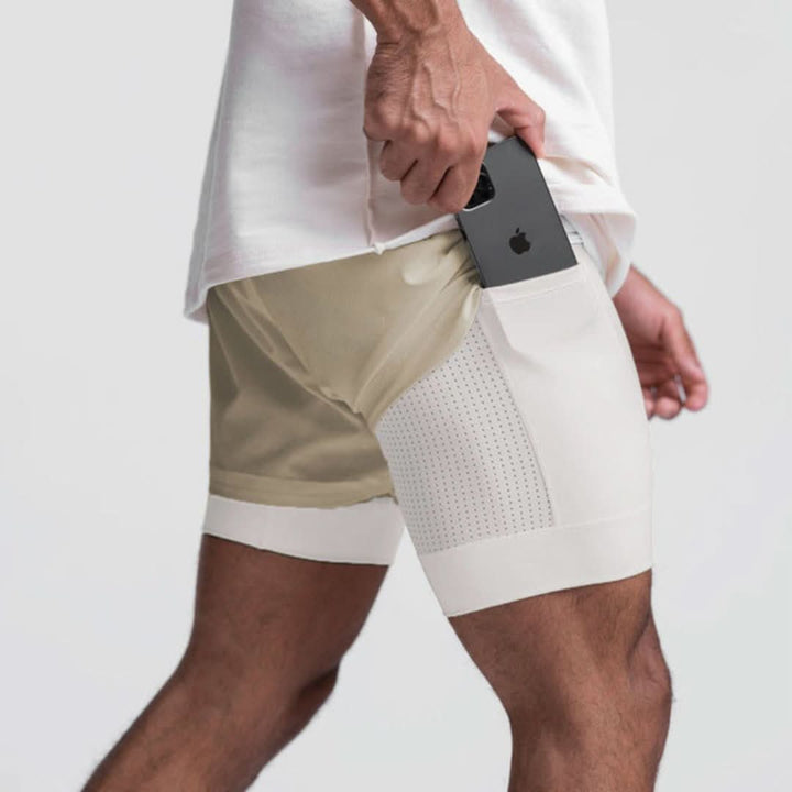 2-in-1 Men's Sports Shorts Breathable with Inner Shorts Training - Noah-Khaki/White-S-Nora Luxe