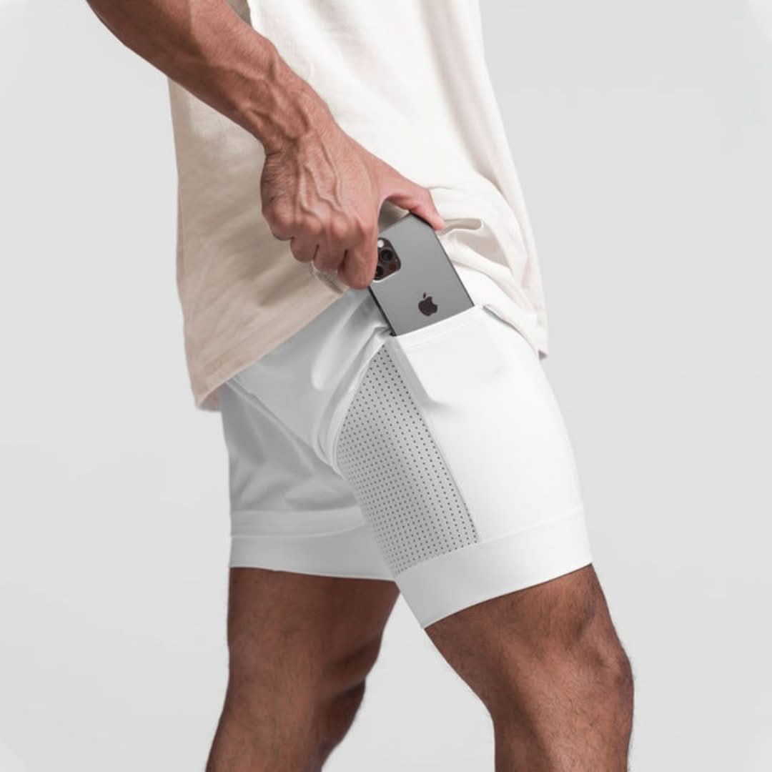 2-in-1 Men's Sports Shorts Breathable with Inner Shorts Training - Noah-White/White-S-Nora Luxe