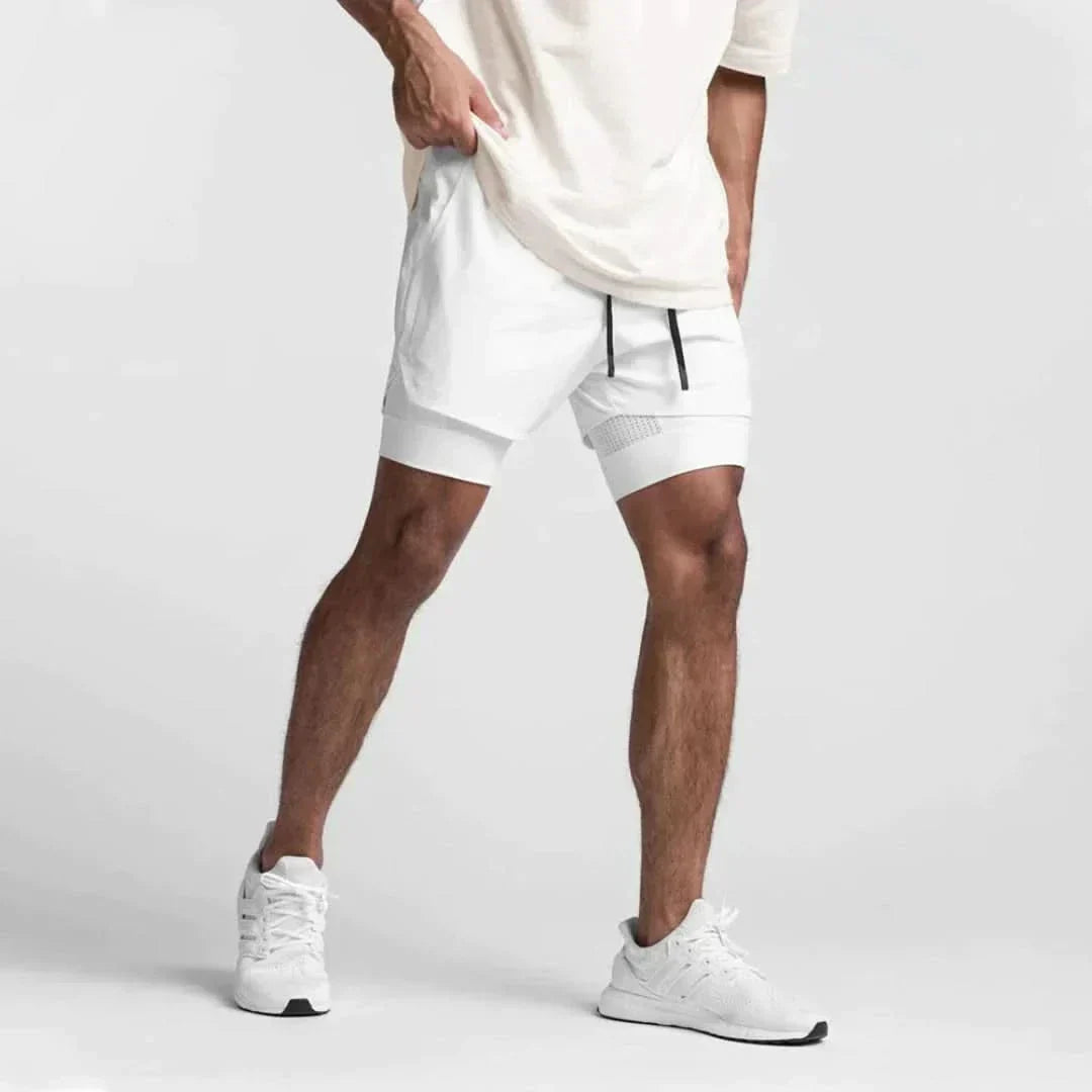 2-in-1 Men's Sports Shorts Breathable with Inner Shorts Training - Noah-White/White-S-Nora Luxe
