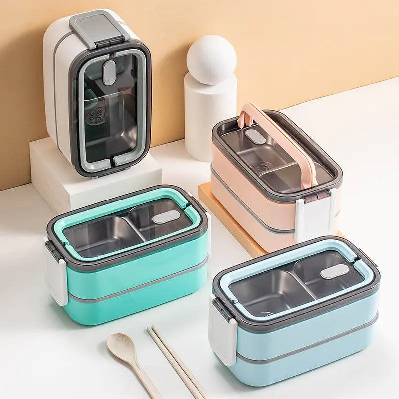 2-Layer Stainless Steel Bento Lunchbox - MealMate-White-Nora Luxe