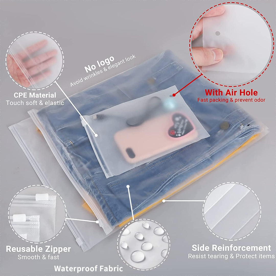 Multi-Purpose Frosted Zip Storage Bags – 20-Pack Plastic Garment Sleeves (Buy 2 Sets, Take 1 FREE)
