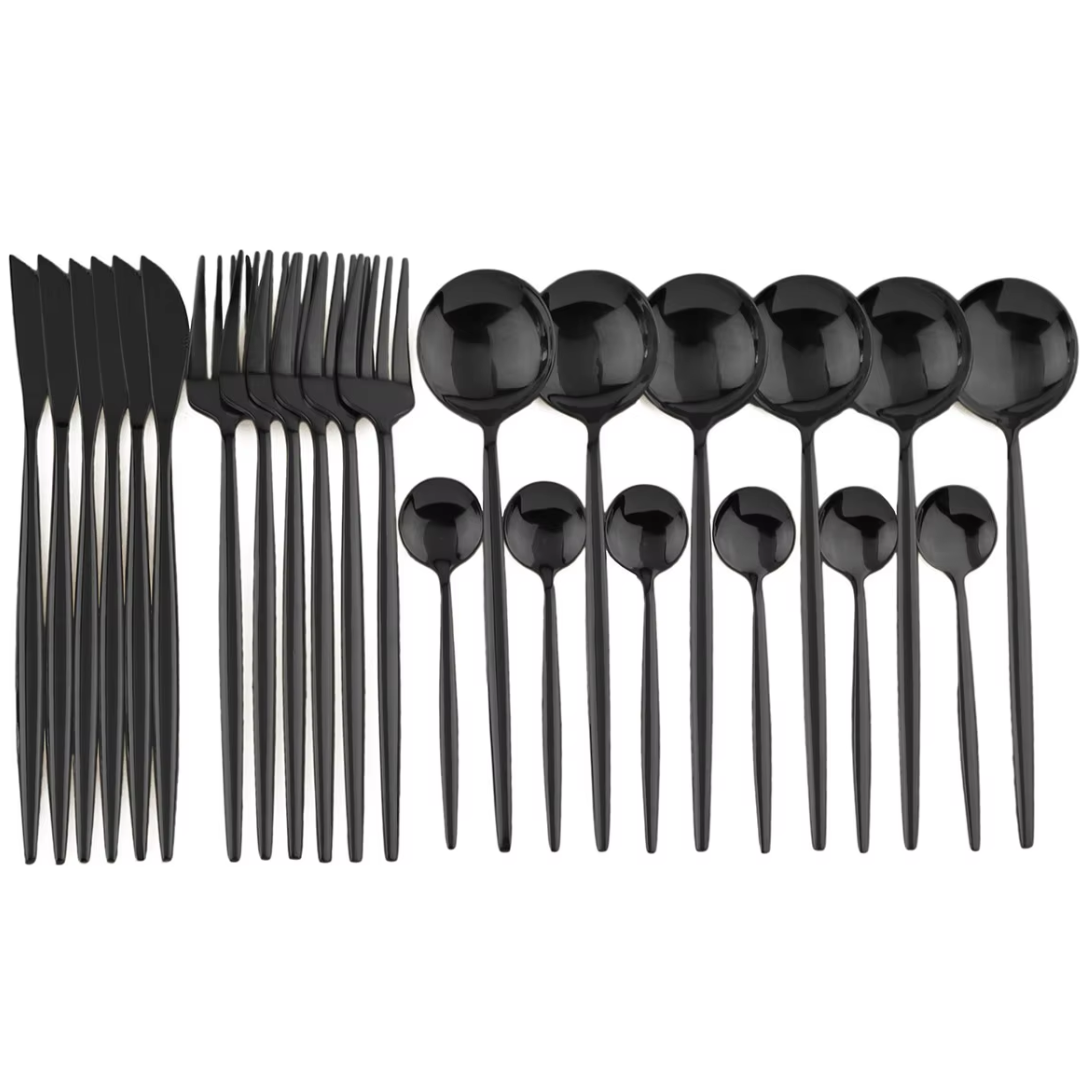 24-Piece Black Stainless Steel Cutlery Set-Long edge-Nora Luxe